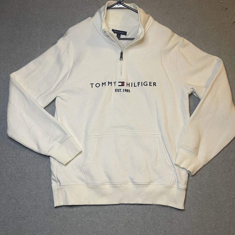 Tommy Hilfiger White 1/4 Zip Mock Neck Logo Fleece Sweatshirt Men's XL